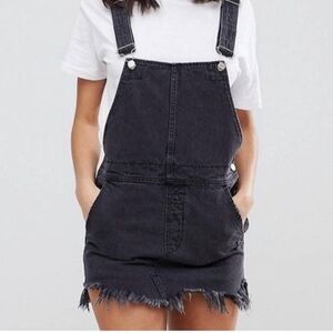 Free People NWT Distressed Black Overall Mini Dress size 2 Raw Hem